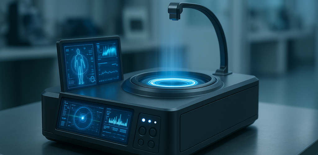 Diagram of resonance quantum scanner analyzing human energy fields.