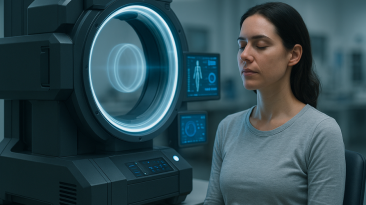 Mujer usando un scanner cuántico para análisis de energía