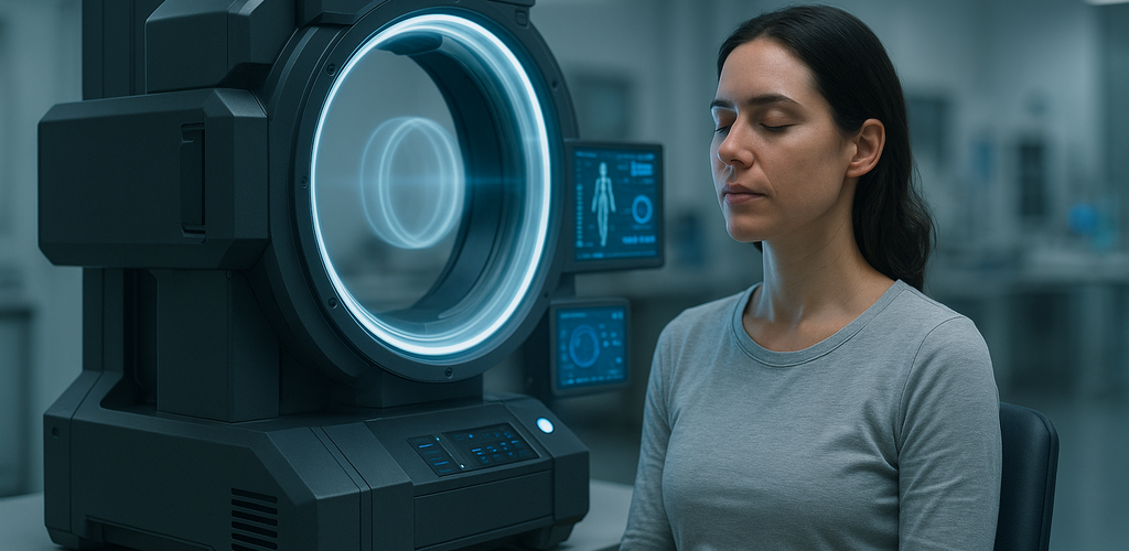 Mujer usando un scanner cuántico para análisis de energía